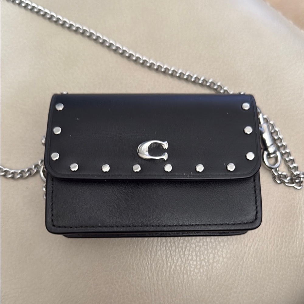 Coach Black and Silver Mini Bag with Studded Flap